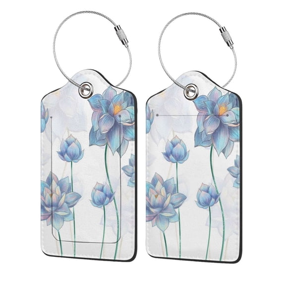 Disketp 2 Pcs Luggage Tag For Suitcase,Pale Blue Lotus Flowers Leather Baggage Tag With Stainless Steel Loop Privacy Cover For Women Men Girls