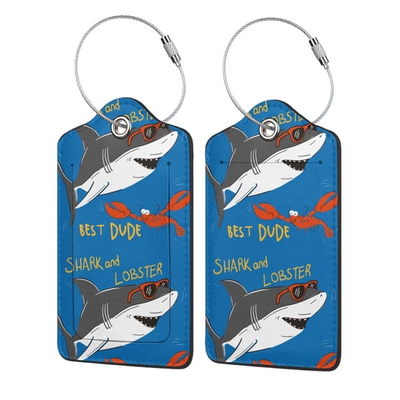 Disketp 2 Pcs Luggage Tag For Suitcase,Shark With Sunglasses And Lobste Leather Baggage Tag With Stainless Steel Loop Privacy Cover For Women Men Girls