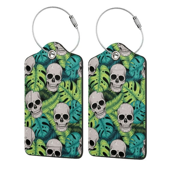 Disketp 2 Pcs Luggage Tag For Suitcase,Skull And Palm Leaves Leather Baggage Tag With Stainless Steel Loop Privacy Cover For Women Men Girls