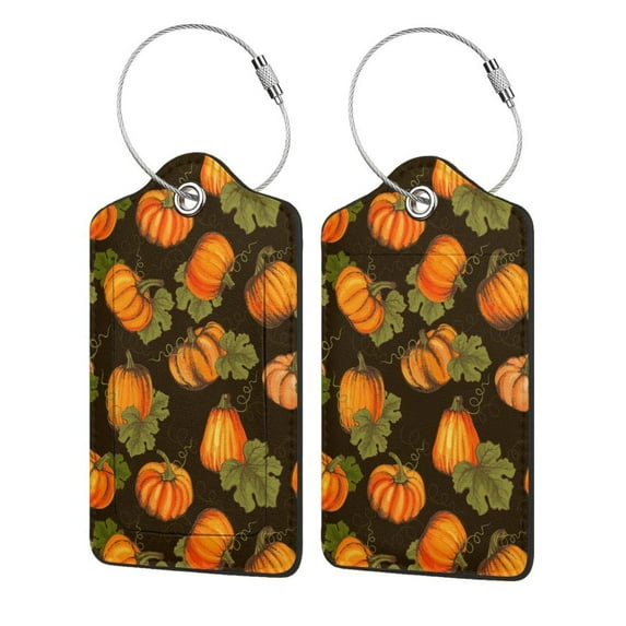 Disketp 2 Pcs Luggage Tag For Suitcase,Orange Pumpkin Autumn Maple Falling Leaves Leather Baggage Tag With Stainless Steel Loop Privacy Cover For Women Men Girls