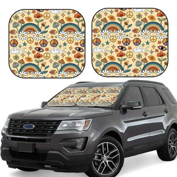 Disketp 2 Piece 70s Hippie Style Pattern Windshield Sunshades,Folding Windshield Sun Shade For Car Suv Trucks Sedan,Blocks Uv Rays Sun Visor Protector-Medium