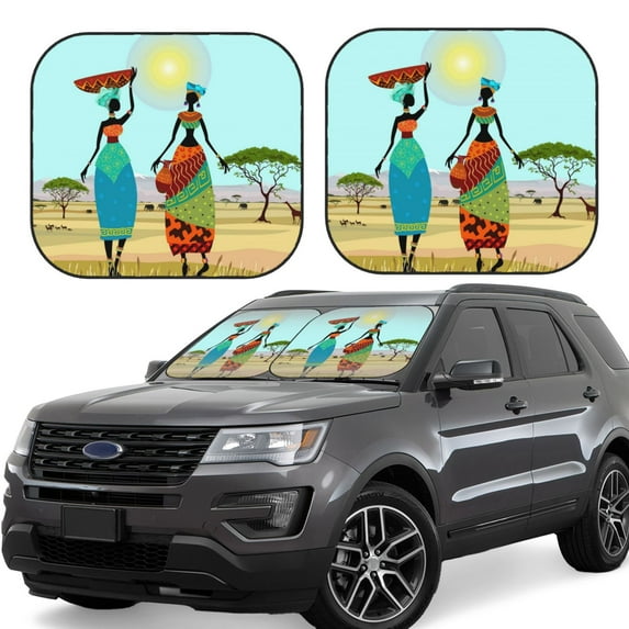 Disketp 2 Piece African Women In Mountain Landscape Pattern Windshield Sunshades,Folding Windshield Sun Shade For Car Suv Trucks Sedan,Blocks Uv Rays Sun Visor Protector-Medium