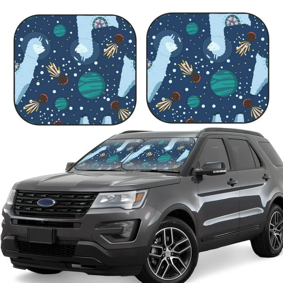Disketp 2 Piece Alpaca Astronaut In Space Pattern Windshield Sunshades,Folding Windshield Sun Shade For Car Suv Trucks Sedan,Blocks Uv Rays Sun Visor Protector-Small