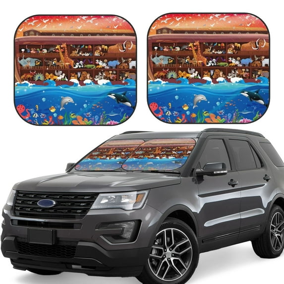 Disketp 2 Piece Animals On Noah'S Ark Pattern Windshield Sunshades,Folding Windshield Sun Shade For Car Suv Trucks Sedan,Blocks Uv Rays Sun Visor Protector-Large