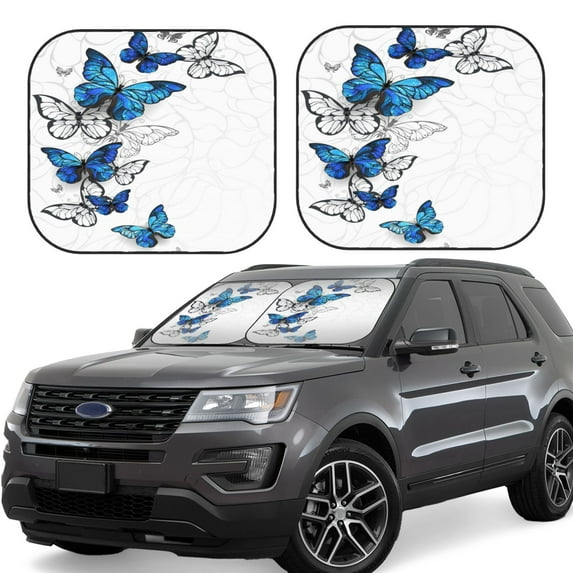 Disketp 2 Piece Blue Flying Butterflies Pattern Windshield Sunshades,Folding Windshield Sun Shade For Car Suv Trucks Sedan,Blocks Uv Rays Sun Visor Protector-Small