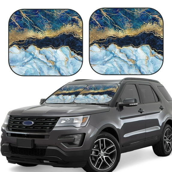 Disketp 2 Piece Blue Marble Gold Foil And Glitter Decor Pattern Windshield Sunshades,Folding Windshield Sun Shade For Car Suv Trucks Sedan,Blocks Uv Rays Sun Visor Protector-Medium