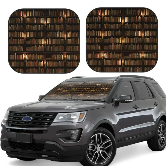 Disketp 2 Piece Bookshelves Pattern Windshield Sunshades,Folding Windshield Sun Shade For Car Suv Trucks Sedan,Blocks Uv Rays Sun Visor Protector-Medium