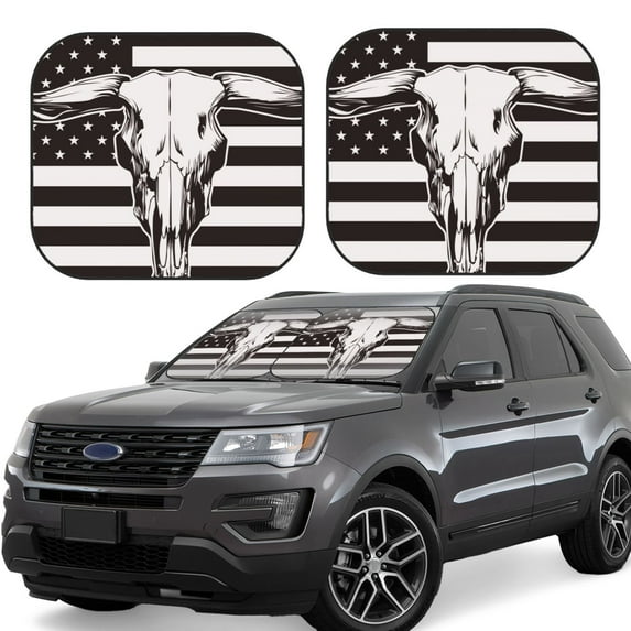 Disketp 2 Piece Bull Skull On The Us Flag Pattern Windshield Sunshades,Folding Windshield Sun Shade For Car Suv Trucks Sedan,Blocks Uv Rays Sun Visor Protector-Small