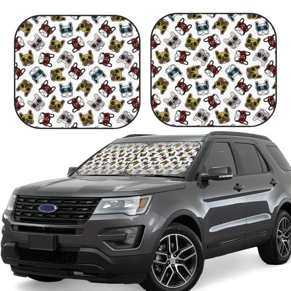 Disketp 2 Piece Bulldog Sunglasses Face Pattern Windshield Sunshades,Folding Windshield Sun Shade For Car Suv Trucks Sedan,Blocks Uv Rays Sun Visor Protector-Medium