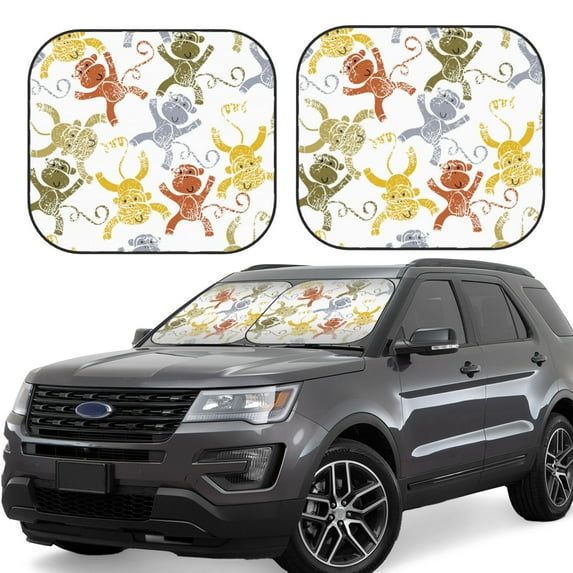 Disketp 2 Piece Cartoon Monkey Pattern Windshield Sunshades,Folding Windshield Sun Shade For Car Suv Trucks Sedan,Blocks Uv Rays Sun Visor Protector-Small