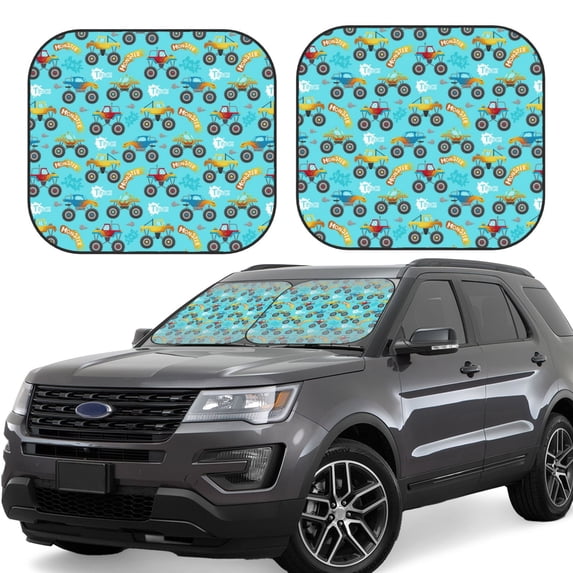 Disketp 2 Piece Cartoon Monster Truck Pattern Windshield Sunshades,Folding Windshield Sun Shade For Car Suv Trucks Sedan,Blocks Uv Rays Sun Visor Protector-Small