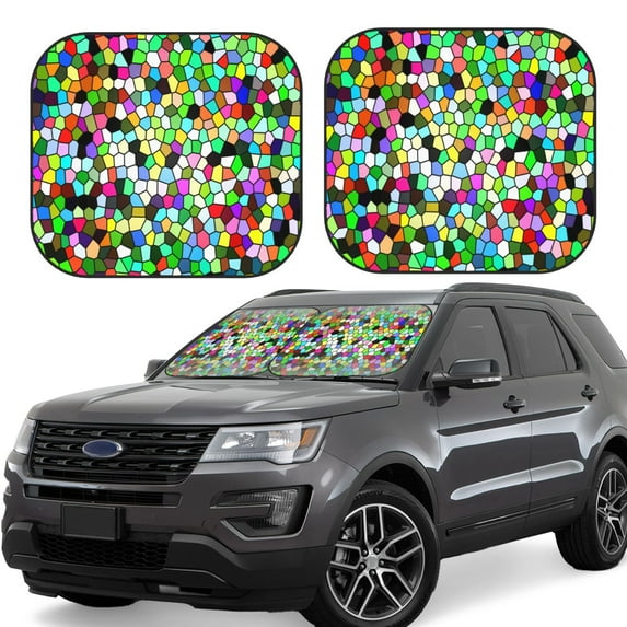 Disketp 2 Piece Colorful Tie Dye Stained Glass Pattern Windshield Sunshades,Folding Windshield Sun Shade For Car Suv Trucks Sedan,Blocks Uv Rays Sun Visor Protector-Large