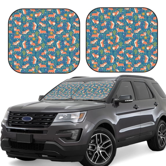 Disketp 2 Piece Corgi With Flowers Pattern Windshield Sunshades,Folding Windshield Sun Shade For Car Suv Trucks Sedan,Blocks Uv Rays Sun Visor Protector-Medium