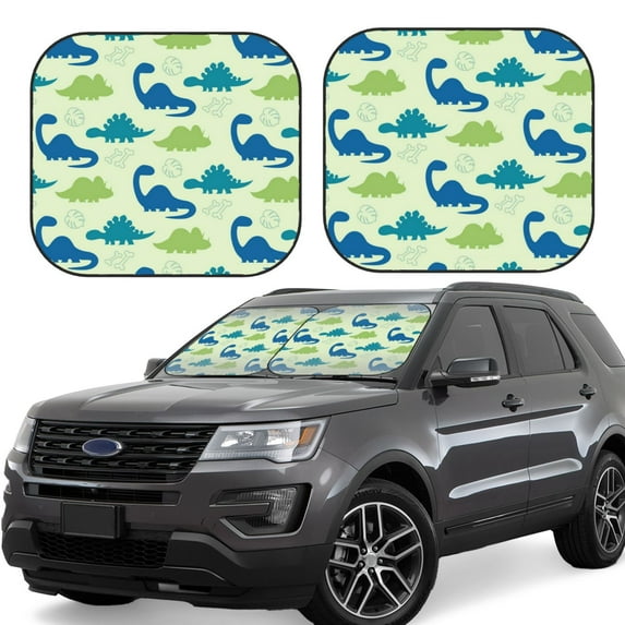 Disketp 2 Piece Cute Dinosaur Blue Green Pattern Windshield Sunshades,Folding Windshield Sun Shade For Car Suv Trucks Sedan,Blocks Uv Rays Sun Visor Protector-Medium