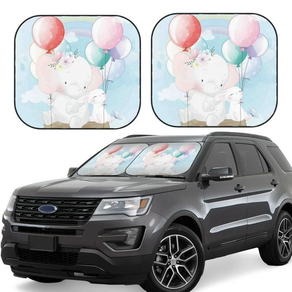 Disketp 2 Piece Cute Elephant Bunny Flying With Balloon Pattern Windshield Sunshades,Folding Windshield Sun Shade For Car Suv Trucks Sedan,Blocks Uv Rays Sun Visor Protector-Medium