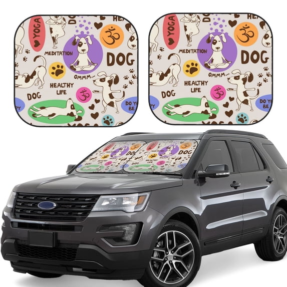 Disketp 2 Piece Dog Doing Yoga Pattern Windshield Sunshades,Folding Windshield Sun Shade For Car Suv Trucks Sedan,Blocks Uv Rays Sun Visor Protector-Large
