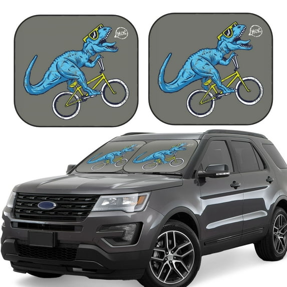 Disketp 2 Piece Fun Riding Dinosaur Pattern Windshield Sunshades,Folding Windshield Sun Shade For Car Suv Trucks Sedan,Blocks Uv Rays Sun Visor Protector-Small