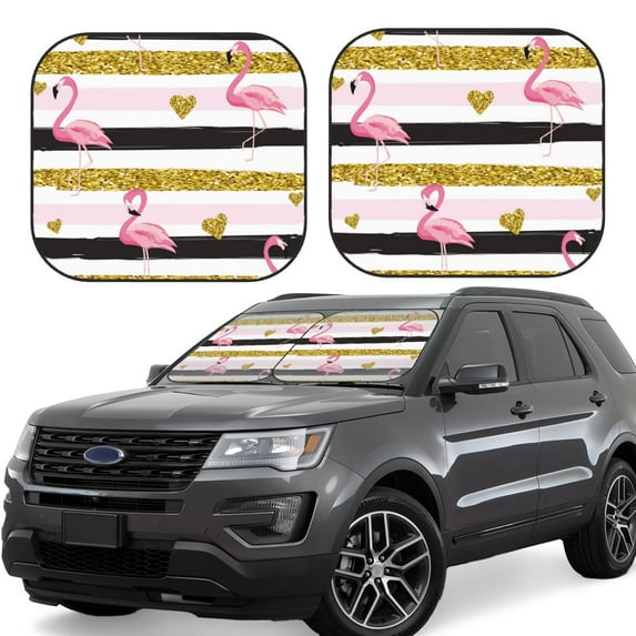 Disketp 2 Piece Gold Glittering Hearts And Flamingos Pattern Windshield Sunshades,Folding Windshield Sun Shade For Car Suv Trucks Sedan,Blocks Uv Rays Sun Visor Protector-Medium