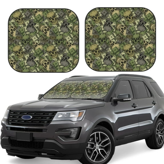 Disketp 2 Piece Green Skulls Pattern Windshield Sunshades,Folding Windshield Sun Shade For Car Suv Trucks Sedan,Blocks Uv Rays Sun Visor Protector-Medium