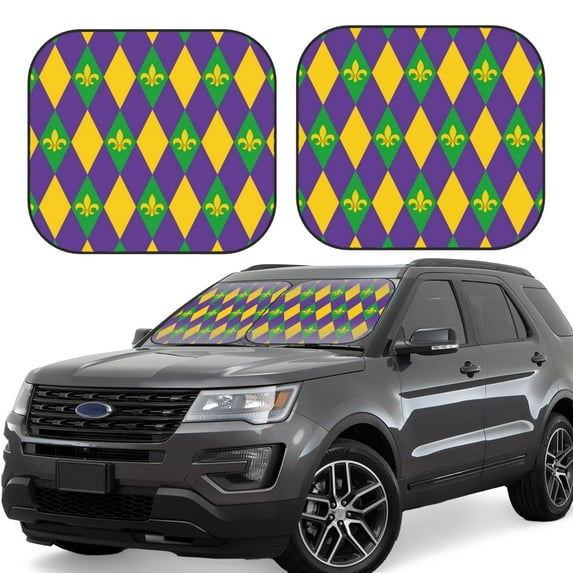 Disketp 2 Piece Mardi Gras Pattern Windshield Sunshades,Folding Windshield Sun Shade For Car Suv Trucks Sedan,Blocks Uv Rays Sun Visor Protector-Small