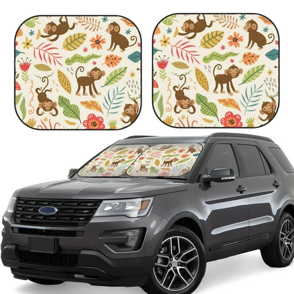 Disketp 2 Piece Monkeys In The Jungle Pattern Windshield Sunshades,Folding Windshield Sun Shade For Car Suv Trucks Sedan,Blocks Uv Rays Sun Visor Protector-Large