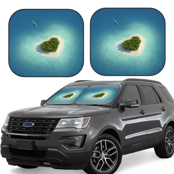 Disketp 2 Piece Paradise Island In The Form Of Heart Pattern Windshield Sunshades,Folding Windshield Sun Shade For Car Suv Trucks Sedan,Blocks Uv Rays Sun Visor Protector-Medium