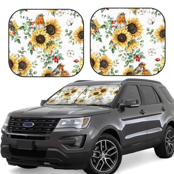 Disketp 2 Piece Sunflowers Leaves And Birds Pattern Windshield Sunshades,Folding Windshield Sun Shade For Car Suv Trucks Sedan,Blocks Uv Rays Sun Visor Protector-Large
