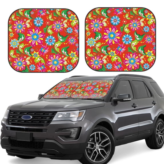 Disketp 2 Piece Vector Mexican Otomi Style Bright Pattern Windshield Sunshades,Folding Windshield Sun Shade For Car Suv Trucks Sedan,Blocks Uv Rays Sun Visor Protector-Small