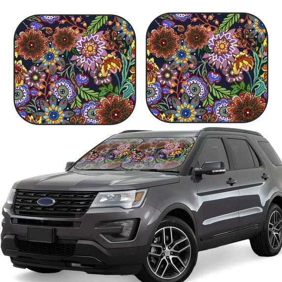 Disketp 2 Piece Vintage Floral Pattern Windshield Sunshades,Folding Windshield Sun Shade For Car Suv Trucks Sedan,Blocks Uv Rays Sun Visor Protector-Medium