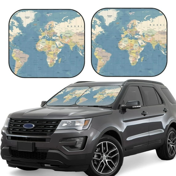 Disketp 2 Piece World Map Pattern Windshield Sunshades,Folding Windshield Sun Shade For Car Suv Trucks Sedan,Blocks Uv Rays Sun Visor Protector-Medium