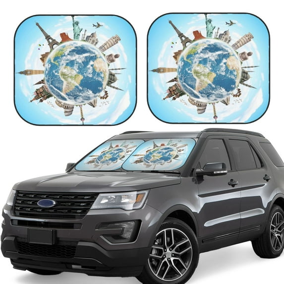 Disketp 2 Piece World Travel Pattern Windshield Sunshades,Folding Windshield Sun Shade For Car Suv Trucks Sedan,Blocks Uv Rays Sun Visor Protector-Large