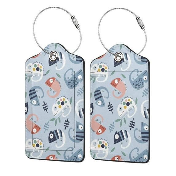 Disketp 4 Pcs Luggage Tag For Suitcase,Cute Chameleons On Blue Background Leather Baggage Tag With Stainless Steel Loop Privacy Cover For Women Men Girls
