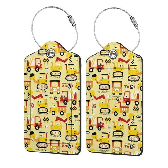 Disketp 4 Pcs Luggage Tag For Suitcase,Funny Construction Vehicles Leather Baggage Tag With Stainless Steel Loop Privacy Cover For Women Men Girls