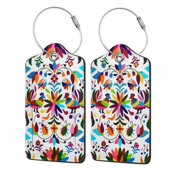 Disketp 4 Pcs Luggage Tag For Suitcase,Mexican Bright Style Leather Baggage Tag With Stainless Steel Loop Privacy Cover For Women Men Girls
