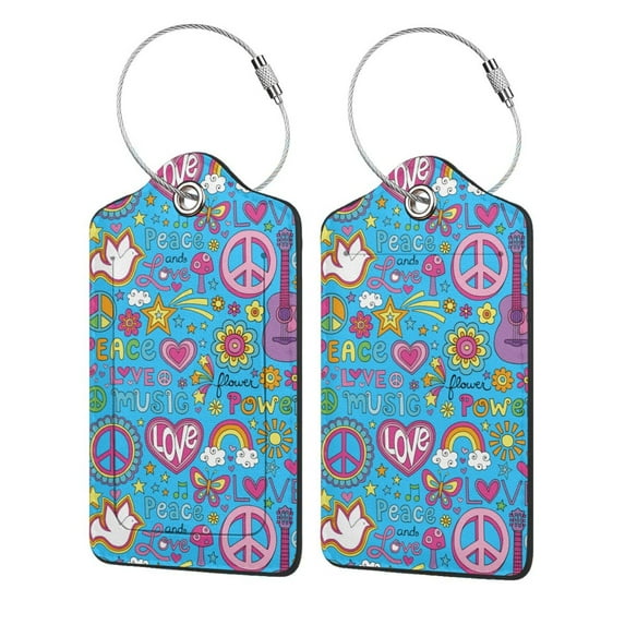 Disketp 4 Pcs Luggage Tag For Suitcase,Peace Love And Dove Flower Power Leather Baggage Tag With Stainless Steel Loop Privacy Cover For Women Men Girls