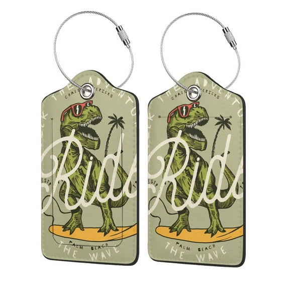 Disketp 4 Pcs Luggage Tag For Suitcase,Ride The Wave Dinosaur Surfer In Sunglasses Vintage Surfing Leather Baggage Tag With Stainless Steel Loop Privacy Cover For Women Men Girls