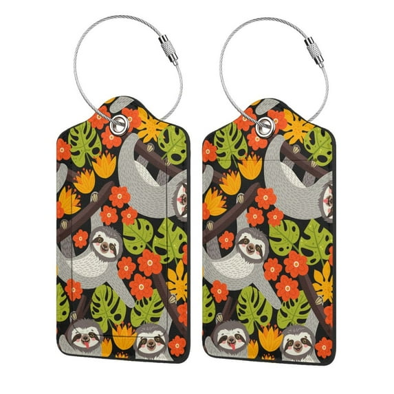 Disketp 4 Pcs Luggage Tag For Suitcase,Sloth On The Branch Leather Baggage Tag With Stainless Steel Loop Privacy Cover For Women Men Girls