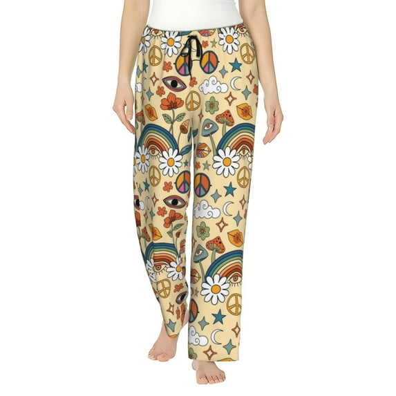 Disketp 70s Hippie Style Print Women'S Comfy Pajama Pants Casual Drawstring Palazzo Lounge Wide Leg Pants