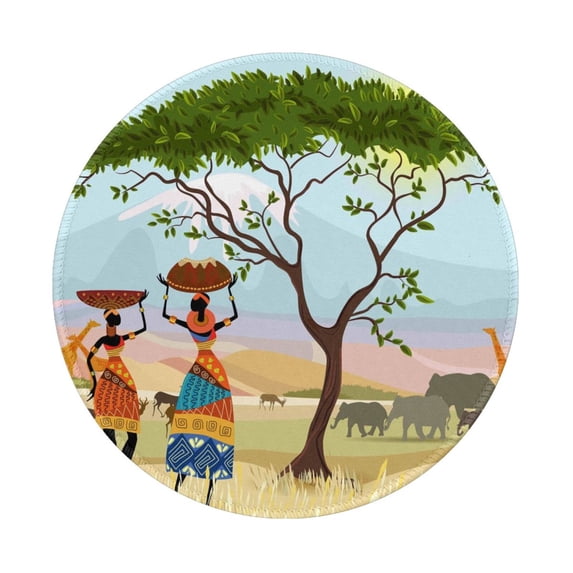 Disketp African Women In Mountain Landscape Small Mouse Pad 7.9x7.9 Inches,Washable Round Mousepad For Office Laptop Computer,Non-Slip Rubber Base Mouse Pads For Wireless Mouse