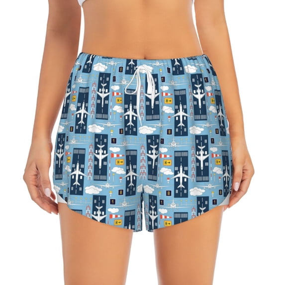 Disketp Airplanes and Aviation Signs Print Women's Shorts Workout Shorts for Athletic Gym Running Shorts with Phone Pockets Medium