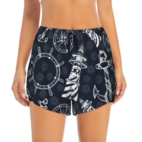 Disketp Anchors and Lighthouse Print Women's Shorts Workout Shorts for Athletic Gym Running Shorts with Phone Pockets Small