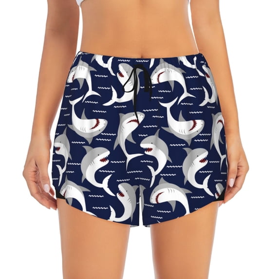 Disketp Angry Shark Print Women's Shorts Workout Shorts for Athletic Gym Running Shorts with Phone Pockets X-Large