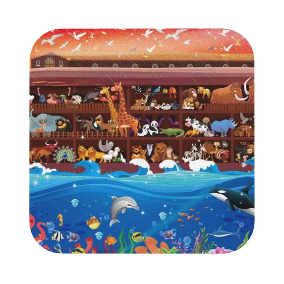 Disketp Animals On Noah'S Ark Funny Coasters,6 Pcs Leather Coasters With Holder, Perfect Housewarming Hostess Gifts,Protect Furniture From Water Marks Scratch And Damage