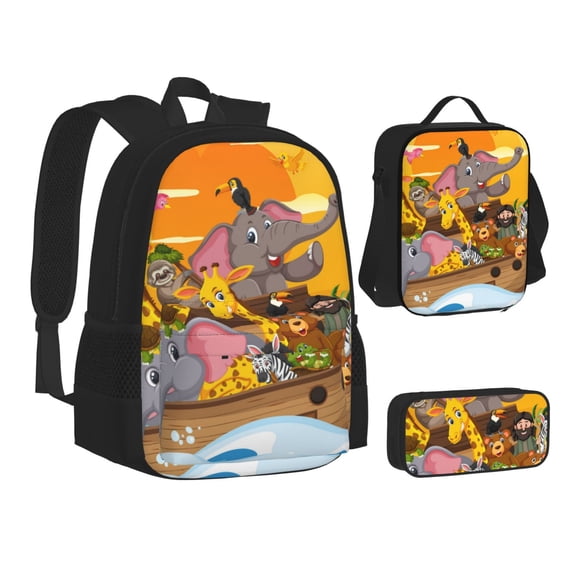 Disketp Animals on Noah's Ark1 Large Capacity Backpack Lunch Bag Pencil Case Combination 3 Piece Set for Student