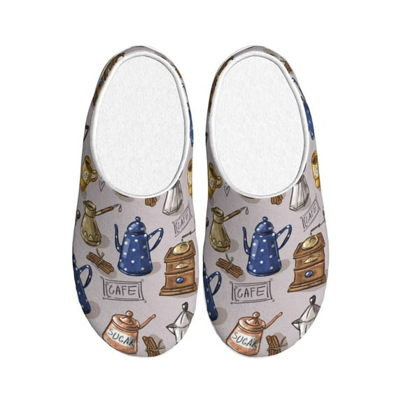 Disketp Antique Vintage Teapot Coffee Grinder Women's Men's Slippers Plush Slip-On House Slipper for Winter Indoor Soft Cushion Non-slip Fluffy Slides Slippers-11