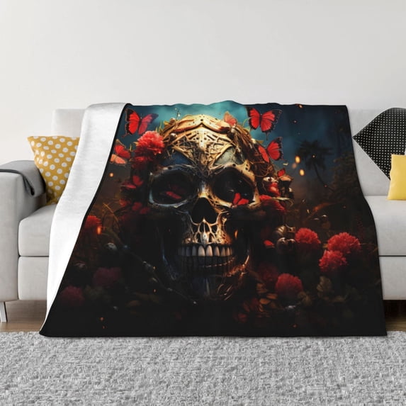 Disketp Artistic Flower Butterfly Skull Flannel Blankets - Thick and Warm Blanket for Winter, Soft Fuzzy Plush King Blanket for All Seasons40"x30"