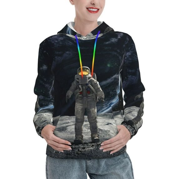 Disketp Astronaut Standing In The Moon Womens Casual Hoodies Crew Neck Long Sleeve Sweatshirts Pullover Tops-X-Large