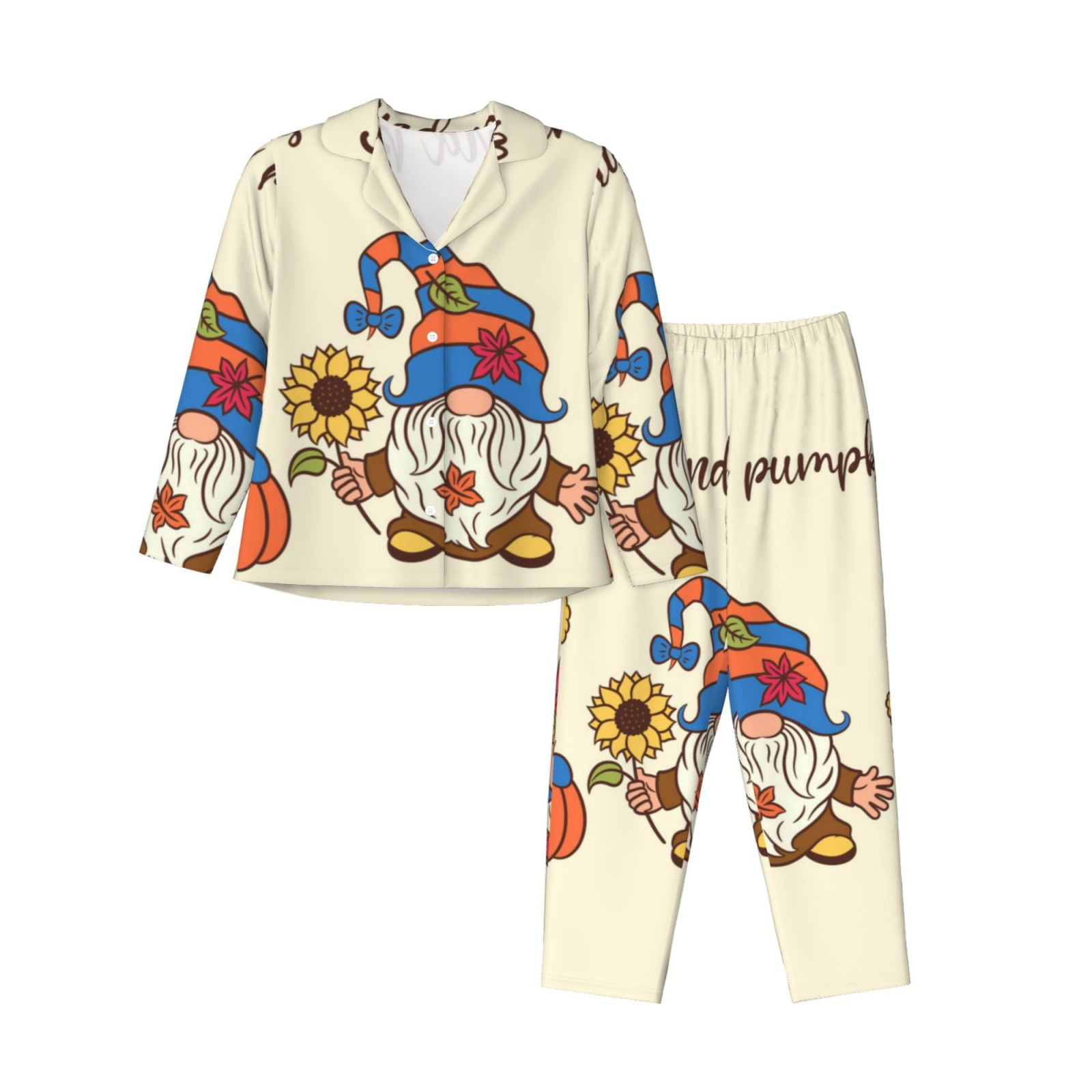 Disketp Autumn Gnomes1 Pajamas Set Long Sleeve Sleepwear Womens Button ...