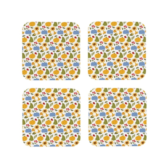 Disketp Autumn Pumpkins Blooms Funny Coasters,4 Pcs Leather Coasters with Holder, Perfect Housewarming Hostess Gifts,Protect Furniture from Water Marks Scratch and Damage-Square