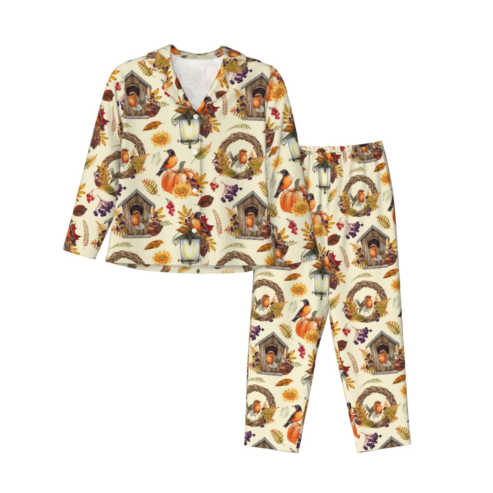 Disketp Autumn Vintage Pajamas Set Long Sleeve Sleepwear Womens Button ...